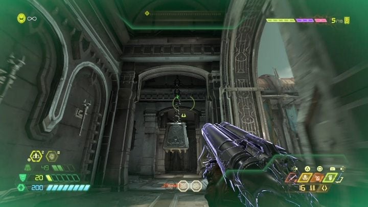Po otwarciu kraty wskocz na ścianę znajdującą się po lewej stronie, a potem wskocz na samą górę i uderz w zielony obiekt - Doom Eternal: Taras Nabad | Mapa sekretów, znajdźki - Doom Eternal - poradnik do gry