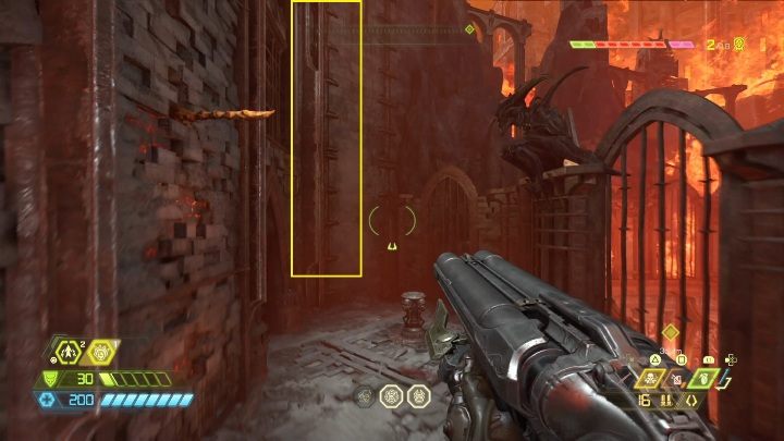 Aby dostać się do tego życia musisz pierw wyskoczyć na odpowiedni poziom, korzystając z wystających kolców - Doom Eternal: Nekravol 1 | Mapa sekretów, znajdźki - Doom Eternal - poradnik do gry