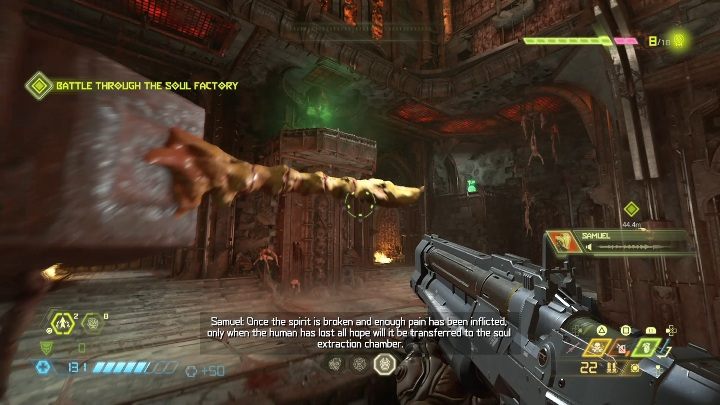 Aby zdobyć kolejne życie musisz wskoczyć na świecącą się na zielono półkę, a z niej doskoczyć do punktu z życiem - Doom Eternal: Nekravol 1 | Mapa sekretów, znajdźki - Doom Eternal - poradnik do gry