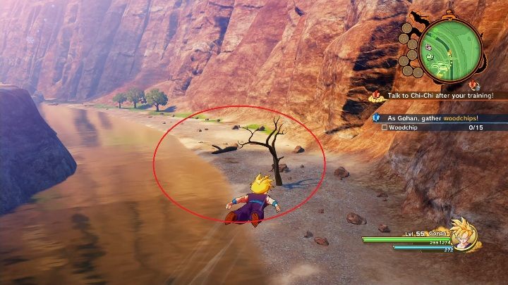 Każdy zrębek znajduje się koło większej gałęzi dzięki czemu łatwo je zauważysz - Opiekun stróża | Dragon Ball Z Kakarot - misja poboczna - Dragon Ball Z Kakarot - poradnik do gry