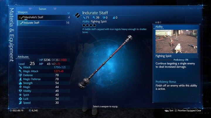 Indurate Staff ma o jedno miejsce na Materię więcej, niż podstawowa broń Sonona (Marshalists Staff) i zapewnia większy bonus do ataku, jednak wyrządza nieco mniejsze obrażenia magiczne (Magic Attack) - Final Fantasy VII Remake Intermission: Indurate Staff, broń Sonona - jak zdobyć? - Final Fantasy VII Remake - poradnik do gry
