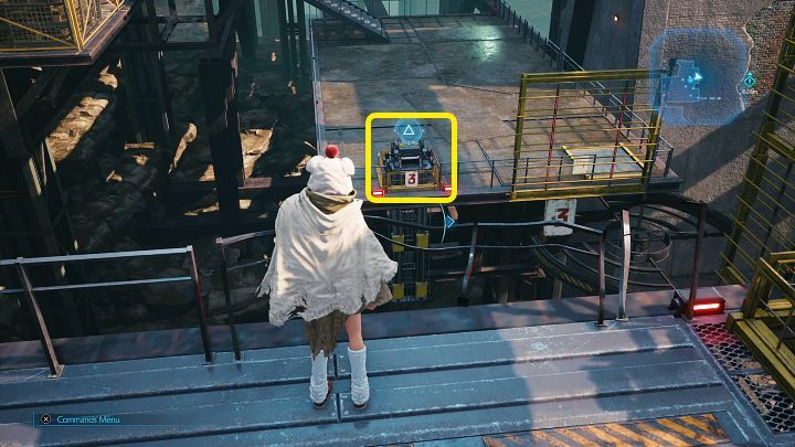 Wychylcie się przez wygiętą barierkę i aktywujcie drugi przełącznik, a następnie zejdźcie po żółtych drabinkach na niższy poziom - Final Fantasy VII Remake Intermission: After Him - solucja, opis przejścia - Final Fantasy VII Remake - poradnik do gry