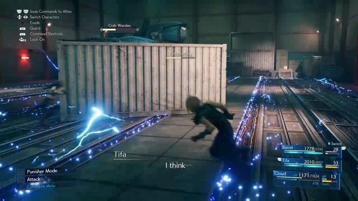 Podczas trzeciej fazy walki, boss zyska nowy atak - będzie ładował elektrycznością tory - Final Fantasy VII Remake: Crab Warden - boss, walka - Final Fantasy VII Remake - poradnik do gry