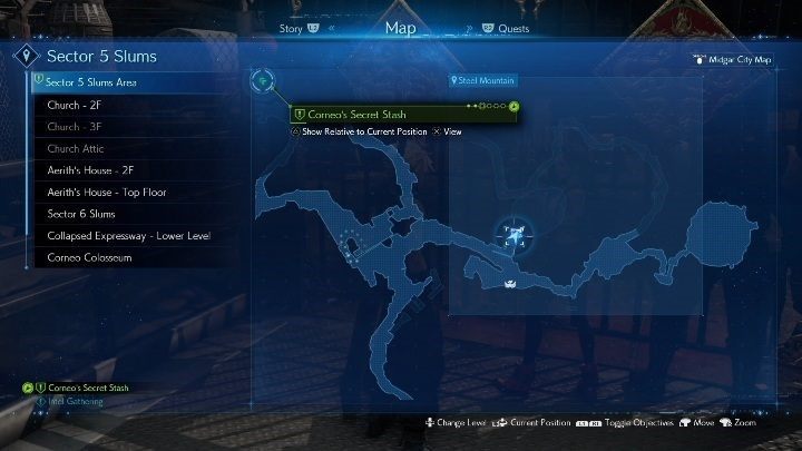 Pierwsza skrytka znajduje się w Steel Mountain, na północ od Sector 5 Undercity - Final Fantasy VII Remake: Corneos Secret Stash, solucja, quest - Final Fantasy VII Remake - poradnik do gry