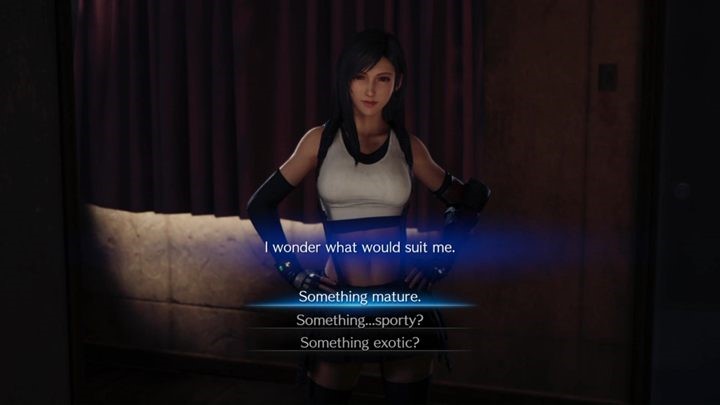 W tym momencie możesz wybrać, w jakim stroju chciałbyś zobaczyć Tifę - Final Fantasy VII Remake: Alone at Last - discoveries, solucja - Final Fantasy VII Remake - poradnik do gry