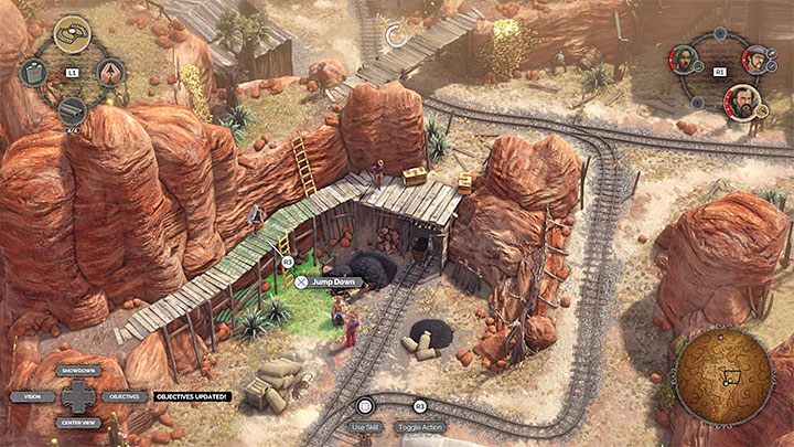 Wyboru ścieżki dokonuje się po awansowaniu do obszaru z wagonikiem górniczym nadającym się do popychania (M13,4) - Desperados 3: 13 Misja - mapa i odznaki/wyzwania - Desperados 3 - poradnik do gry