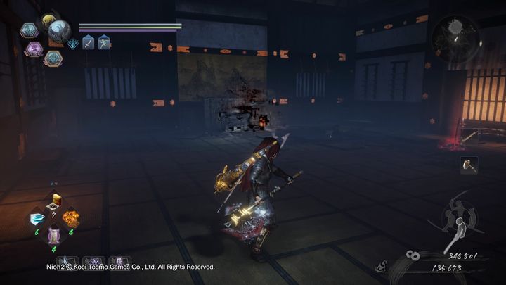 W tym obszarze znajduje się patrolujący Rokurokubi, dwa Gaki po prawej stronie, i jeden żołnierz Yokai, tuż nad szczytem dachu za duo Gaki - NiOh 2: Złoty zamek, solucja - NiOh 2 - poradnik do gry