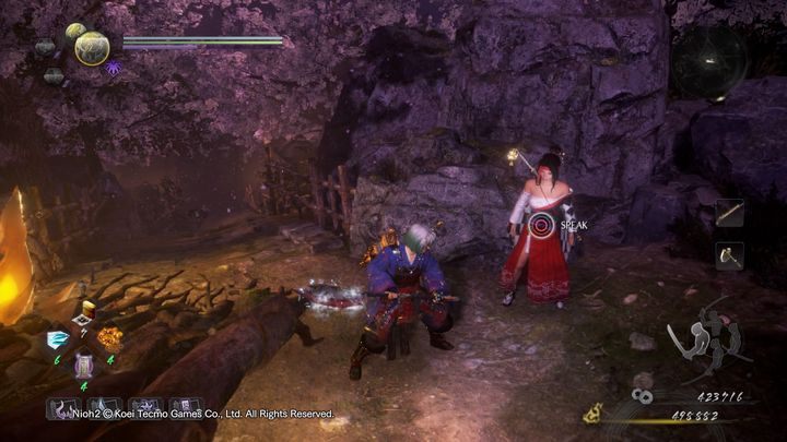 Gdy już wejdziesz na górę, spotkasz tam kobietę NPC, porozmawiaj z nią dwa razy, aby otrzymać kryształ Amrity - NiOh 2: Podziwianie kwiatów wiśni w Daigo, solucja - NiOh 2 - poradnik do gry