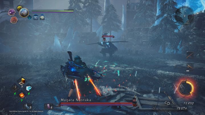 Gdy jego staminy spadnie do zera, aktywuje krainę Yokai, w której zyskuje kilka nowych ciosów oraz jego stare automatycznie się ulepszają - Magara Naotaka | Boss w NiOh 2 - NiOh 2 - poradnik do gry