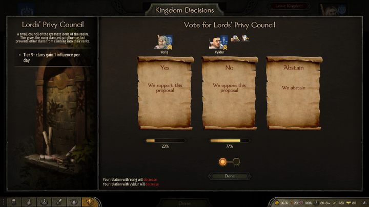 Głosowania wpływają na wszystkich wasali frakcji. - M&B 2 Bannerlord: Frakcja - jak dołączyć, jak zdobyć lenno, porady - Mount and Blade 2 Bannerlord - poradnik do gry