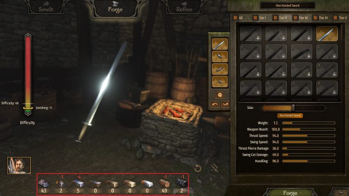 Materiały wymagane do stworzenia danej broni znajdziesz w dolnej części ekranu. - M&B 2 Bannerlord: Kowalstwo - crafting, zdobywanie materiałów - Mount and Blade 2 Bannerlord - poradnik do gry