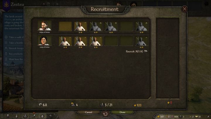 Okno rekrutowania przedstawi Ci ochotników danej lokacji. - M&B 2 Bannerlord: Jak rekrutować zołnierzy? - Mount and Blade 2 Bannerlord - poradnik do gry