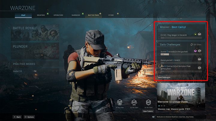 Aktualna misja główna i trzy dostępne wyzwania codzienne widoczne są w głównym menu, po prawej stronie - Warzone: Levelowanie - jak? Wyzwania, doświadczenie, loot, modyfikacje - Call of Duty Warzone - poradnik do gry