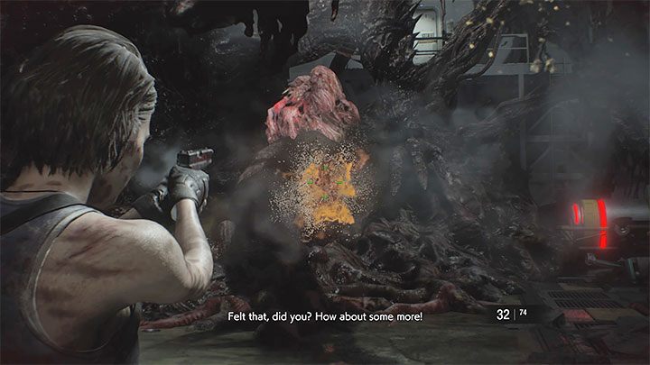 Twoim zadaniem jest strzelanie w cysty pojawiające się na ciele bossa - Resident Evil 3: Nemesis, boss finałowy - Resident Evil 3 - poradnik do gry