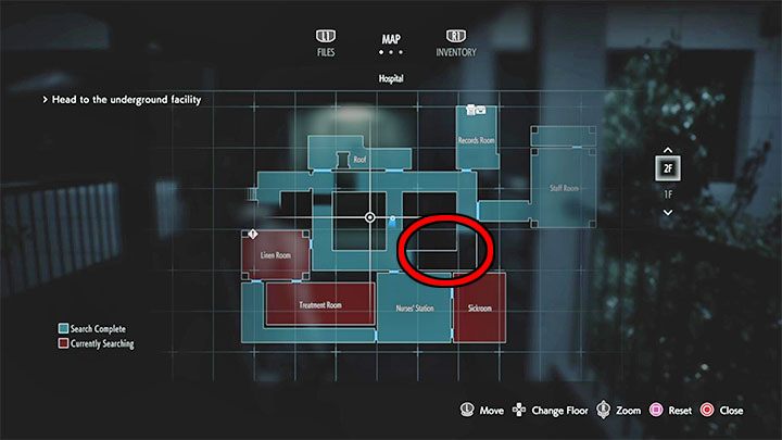 Zainteresuj się zaznaczonym na obrazku południowo-zachodnim narożnikiem dziedzińca - Resident Evil 3: Szpital, Jill solucja, opis przejścia - Resident Evil 3 - poradnik do gry