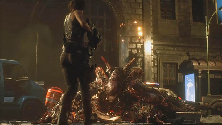 Kontynuuj używanie granatnika i/lub strzelby do atakowania bossa i uzupełniaj zapasy za każdym razem gdy powróci na dachy - Resident Evil 3: Nemesis, Plac przy wieży zegarowej - Resident Evil 3 - poradnik do gry