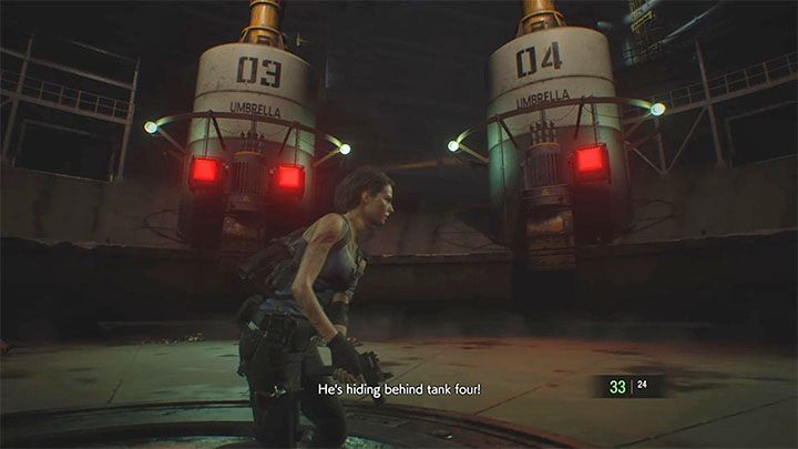 Nemesis będzie chował się za zbiorniakmi - nasłuchuj komentarzy Carlosa, który będzie informował o numerze zbiornika - Resident Evil 3: Finał, Nemesis solucja, opis przejścia - Resident Evil 3 - poradnik do gry