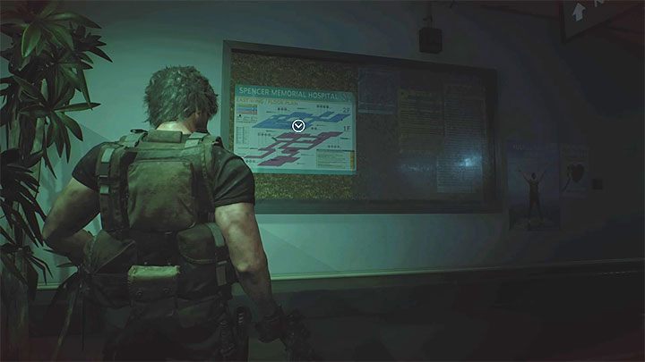 Mapę powieszono na tablicy ogłoszeniowej na głównym korytarzu na piętrze 2F szpitala Hospital - Resident Evil 3: Szpital sekrety, znajdźki - Resident Evil 3 - poradnik do gry