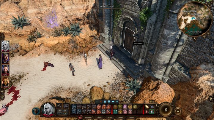 Drugim wejściem do ruin są drewniane drzwi na plaży, tuż obok punktu szybkiej podróży, niedaleko miejsca spotkania z Posępną - Baldurs Gate 3: Zbadaj ruiny - solucja, opis przejścia - Baldurs Gate 3 - poradnik do gry