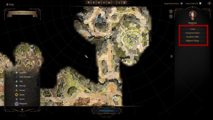 Z perspektywy mapy świata możesz się także przenieść do obozu - Baldurs Gate 3: Eksploracja - obóz, ukryte przejścia - Baldurs Gate 3 - poradnik do gry