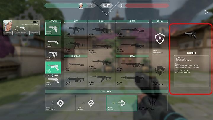 Przykładowo, pistolet Ghost na dystansie od 0 do 30 metrów wyrządza 105 obrażeń przy strzale w głowę - Valorant: Walka, porady - celownik, zasięg broni, amunicja, ściany - Valorant - poradnik do gry