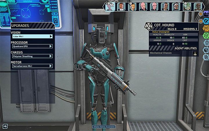 Ulepszenia instaluje się po wybraniu androida w zbrojowni i przejściu do zakładki Upgrades - XCOM Chimera Squad: Androidy - XCOM Chimera Squad - poradnik do gry