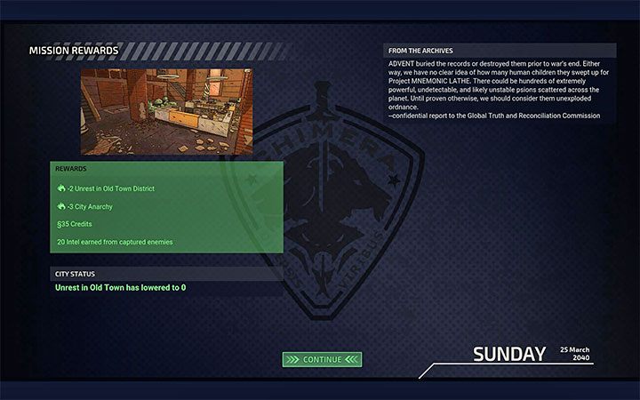 Drugi ekran zawiera przede wszystkim potwierdzenie o nagrodach za ukończenie misji - XCOM Chimera Squad: Rodzaje misji - XCOM Chimera Squad - poradnik do gry
