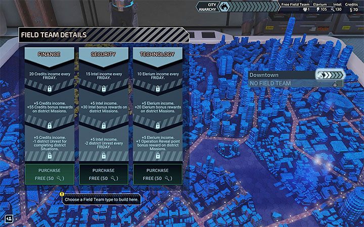 Po wybraniu danej dzielnicy po raz pierwszy musisz zadecydować jakiego rodzaju drużyna polowa Field Team będzie mogła tam działać - XCOM Chimera Squad: Drużyny polowe, Field Teams - XCOM Chimera Squad - poradnik do gry