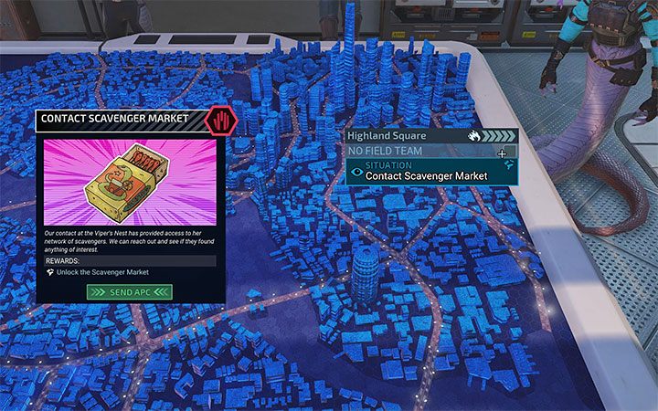 Przycisk do odwiedzenia targowiska (Scavenger) nie jest początkowo widoczny na mapie miasta - XCOM Chimera Squad: Targ Scavenger Market - jak odblokować? - XCOM Chimera Squad - poradnik do gry