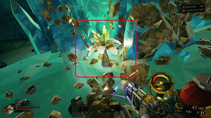 Na powyższym obrazku można zauważyć jeden z dodatkowych zasobów, Apoca Bloom, który należy zebrać, aby zaliczyć zadanie poboczne w trakcie wykonywania misji Egg Hunt - Deep Rock Galactic: Egg Hunt - poboczne cele misji - Deep Rock Galactic - poradnik do gry