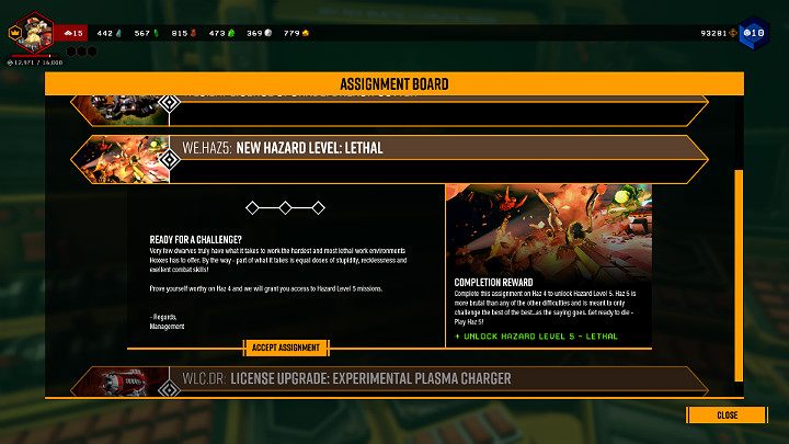 Jak można zauważyć na powyższym obrazku, w terminalu Assignment Board pojawiło się dodatkowe zadanie składające się z 3 etapów - Deep Rock Galactic: Hazard 5 (Lethal) - jak odblokować? - Deep Rock Galactic - poradnik do gry