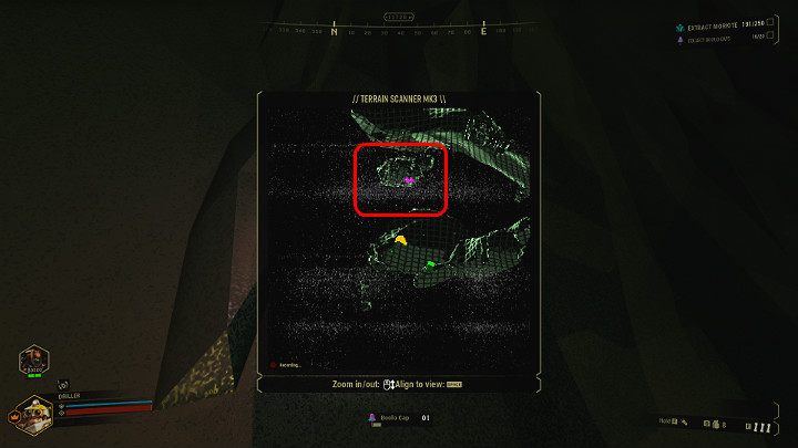 Po użyciu wyżej opisanego urządzenia mapa na skanerze zostanie zaktualizowane, a pomieszczenie z ukrytym skarbem zostanie oznaczone fioletowym znacznikiem, który można zauważyć na powyższym obrazku - Deep Rock Galactic: Sekretne skarby, znajdźki - Deep Rock Galactic - poradnik do gry