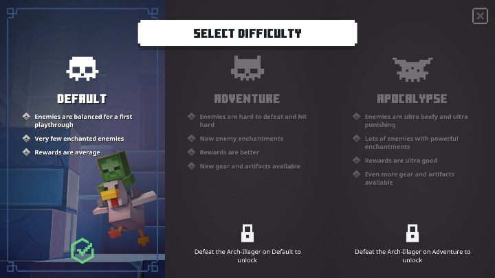 Poza poziomami trudności mapy, w grze znajdziesz również ogólne poziomy trudności - Minecraft Dungeons: Broń - jak zdobyć lepszą? - Minecraft Dungeons - poradnik do gry
