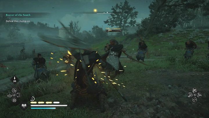 Wszystkie specjalne ataki przeciwnika są sygnalizowane żółtym rozbłyskiem runy więc można je zablokować lub sparować - Assassins Creed Valhalla: Pogromca Południa/Reaver of the South - solucja - Assassins Creed Valhalla - poradnik do gry