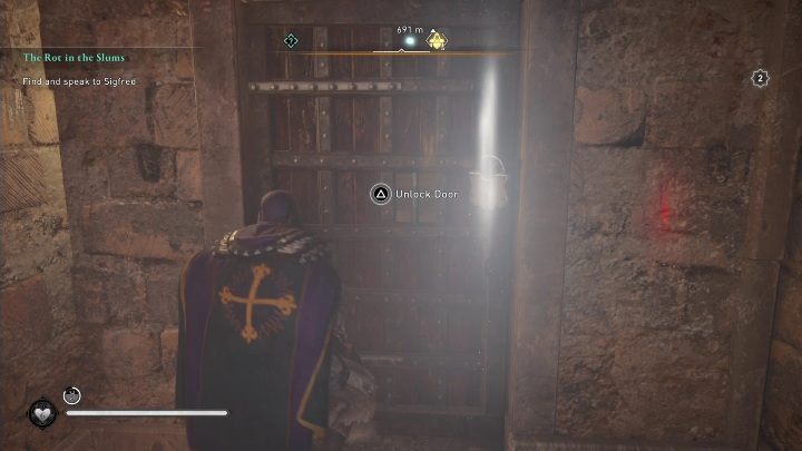 Na dole zobaczycie zamknięte drzwi, które bez problemu otworzycie za pomocą klucza - AC Valhalla Oblężenie Paryża: Wyposażenie, Amienois - sekrety, lokacje - Assassins Creed Valhalla - poradnik do gry