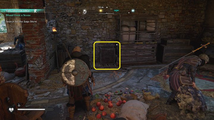 Zniszcz mniejszą drewnianą skrzynię po lewej stronie, a następnie odsuń półkę z pakunkami, by wejść do ukrytego pomieszczenia - Assassins Creed Valhalla: Krwawy kamień/Blood from a Stone - solucja - Assassins Creed Valhalla - poradnik do gry