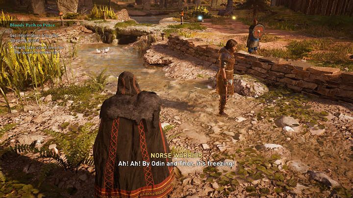 Podnieś pijanego strażnika i zanieś go do płytkiego strumyka zaraz przy namiocie - Assassins Creed Valhalla: Krwawa droga do pokoju - solucja, opis przejścia - Assassins Creed Valhalla - poradnik do gry