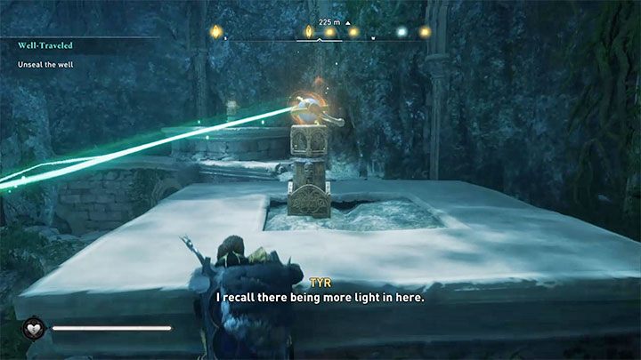 Twoje zadanie to manipulowanie kamieniami słonecznymi żeby wszystkie obiekty z sali zostały dotknięte wiązkami światła - Assassins Creed Valhalla: Jak otworzyć Studnię Urdr w Asgardzie? - Assassins Creed Valhalla - poradnik do gry
