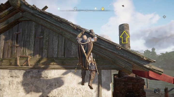 Początek: Kartka znajduje się zaraz nad kominem jednego z budynków - AC Valhalla Gniew Druidów: Karta niesiona wiatrem - Meath, sekrety, lokacje - Assassins Creed Valhalla - poradnik do gry