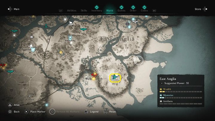 W miejscu zaznaczonym na powyższym obrazku, wewnątrz zrujnowanego kościoła spotkasz jedną zakonnicę o imieniu Aelfwyn - Assassins Creed Valhalla: Krwawa danina za Edmunda - solucja - Assassins Creed Valhalla - poradnik do gry