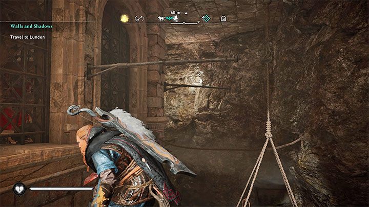 Wdrap się na wiszącą platformę i zacznij wykonywać skoki w stronę pobliskich drążków - Assassins Creed Valhalla: Lunden - Londinium Assassin Bureau - Assassins Creed Valhalla - poradnik do gry