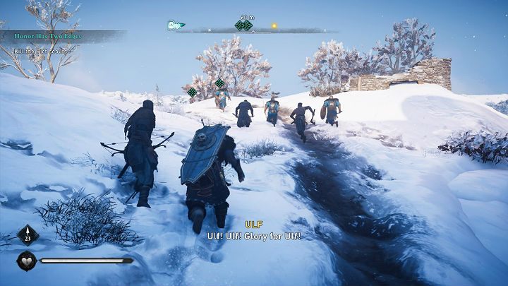 Wasza obecność zostanie odkryta przez kilku zwiadowców, którzy od razu rzucą się biegiem do Stenwege, by zawiadomić swoich towarzyszy - Assassins Creed Valhalla: Dwa ostrza honoru/Honor Has Two Edges - solucja - Assassins Creed Valhalla - poradnik do gry