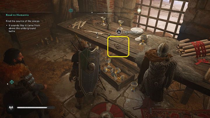 Zbierz klucz ze stołu, a następnie otwórz drzwi naprzeciwko komnaty w której przed chwilą byłeś - Assassins Creed Valhalla: Droga do Hamartii/Road to Hamartia - solucja - Assassins Creed Valhalla - poradnik do gry