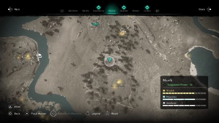 Skarb znajdziecie w północnej części mapy, koło punktu synchronizacyjnego - AC Valhalla Gniew Druidów: Mapa ukrycia skarbu - Meath, sekrety, lokacje - Assassins Creed Valhalla - poradnik do gry
