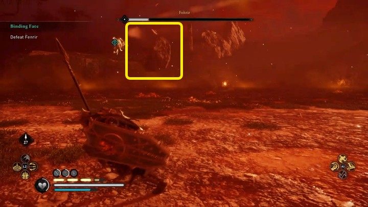 W trzeciej fazie pojedynku Fenrir wskoczy na pobliski klif i zacznie ciskać w Twoim kierunku głazami - Assassins Creed Valhalla: Okowy losu/Binding Fate - solucja, opis przejścia - Assassins Creed Valhalla - poradnik do gry