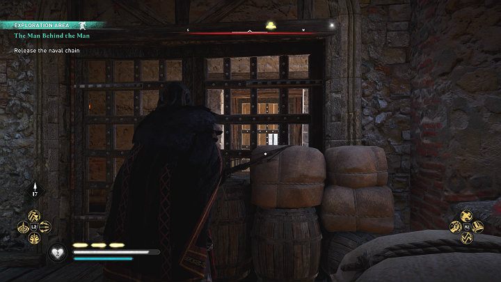 Gdy będziesz w środku spójrz przez kraty i wyceluj w blokadę, która broni dostępu do pomieszczenia po drugiej stronie wieży - Assassins Creed Valhalla: Kto pociąga za sznurki - solucja, opis przejścia - Assassins Creed Valhalla - poradnik do gry