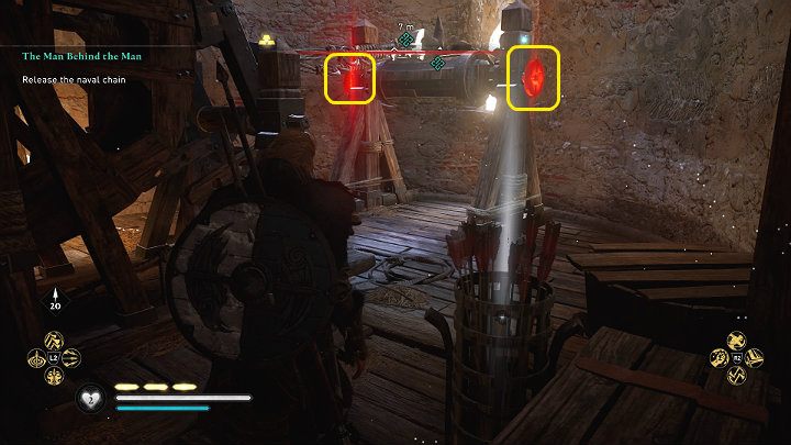 Zejdź drabiną na niższy poziom wieży i strzel w dwie blokady po bokach kołowrotka, by opuścić łańcuch morski - Assassins Creed Valhalla: Kto pociąga za sznurki - solucja, opis przejścia - Assassins Creed Valhalla - poradnik do gry
