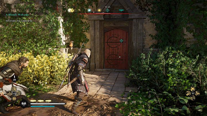 Jeśli chcesz dostać się do wnętrza katedry po cichu po prostu wyważ wraz z Basimem czerwone boczne drzwi - Assassins Creed Valhalla: Krwawe powitanie/A Bloody Welcome - solucja - Assassins Creed Valhalla - poradnik do gry