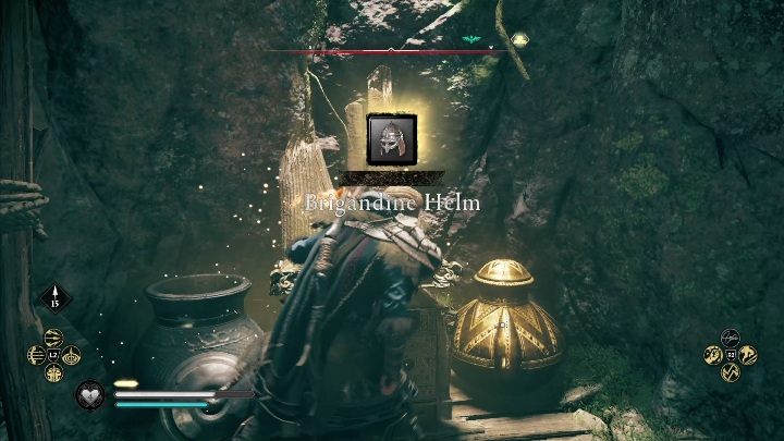 Następnie przesuń głaz, który blokuje przejście dalej, przebij się przez szczelinę i dobiegnij na sam koniec jaskini, aby zdobyć skrzynie - Assassins Creed Valhalla: Wyposażenie - Sciropescire, sekrety, lokacje - Assassins Creed Valhalla - poradnik do gry