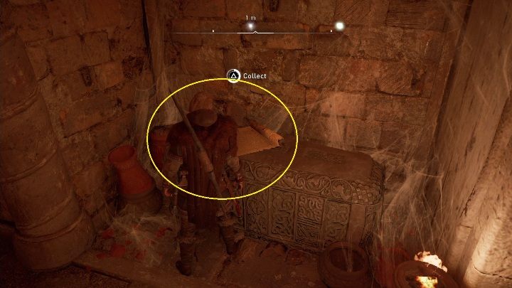 Pierwsza strona sagi leży na trumnie, we wnętrzu starego, zniszczonego kościoła - Assassins Creed Valhalla: Wszystkie Fragmenty sagi Rigsogur - Assassins Creed Valhalla - poradnik do gry